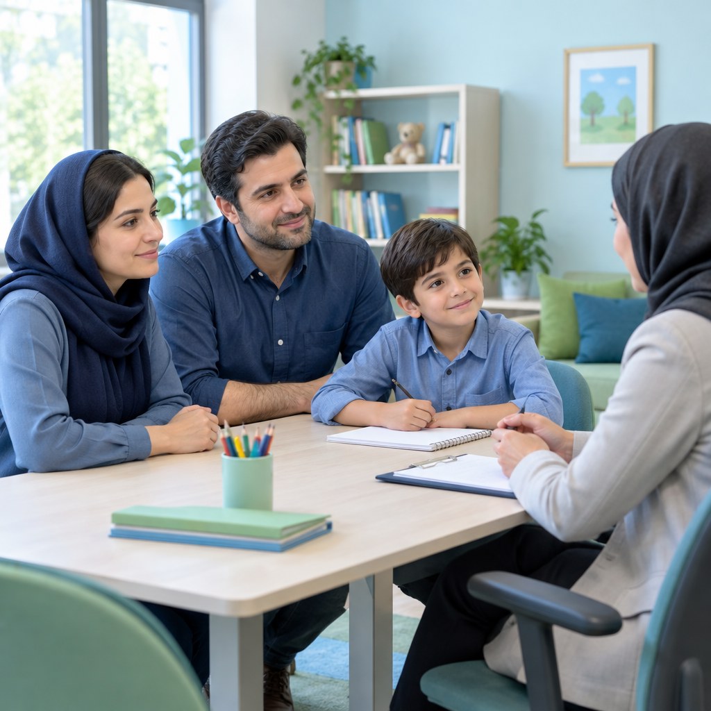 جلسه ارزیابی بیش‌فعالی کودک با حضور والدین و روانشناس